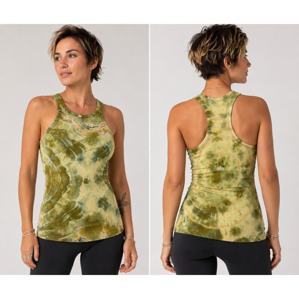 Alo Yoga Tank Top Womens XS Green‎ Yellow Tie Dye Ribbed Shelf Bra CUSTOM